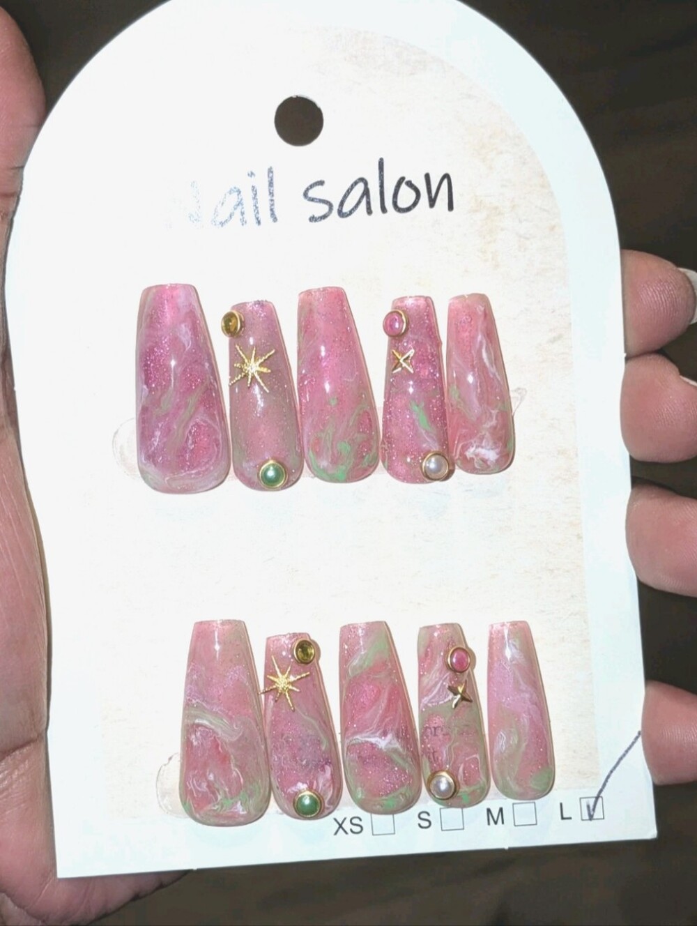 Hand Crafted Pink Marble Press-On Nails with Green Veins & Gold Accents